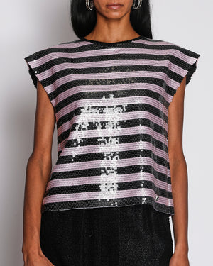 Chanel 22/C Pink and Black Striped Sequin Top with CC Logo Plaque Size FR 40 (UK 12)