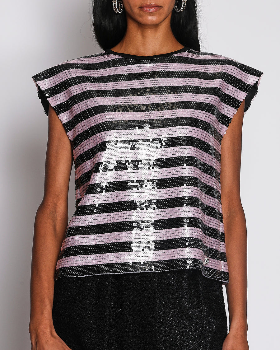 Chanel 22/C Pink and Black Striped Sequin Top with CC Logo Plaque Size FR 40 (UK 12)