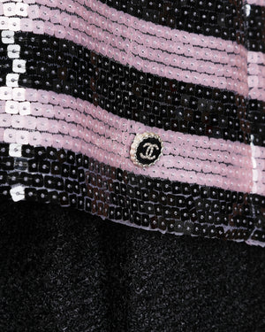 Chanel 22/C Pink and Black Striped Sequin Top with CC Logo Plaque Size FR 40 (UK 12)