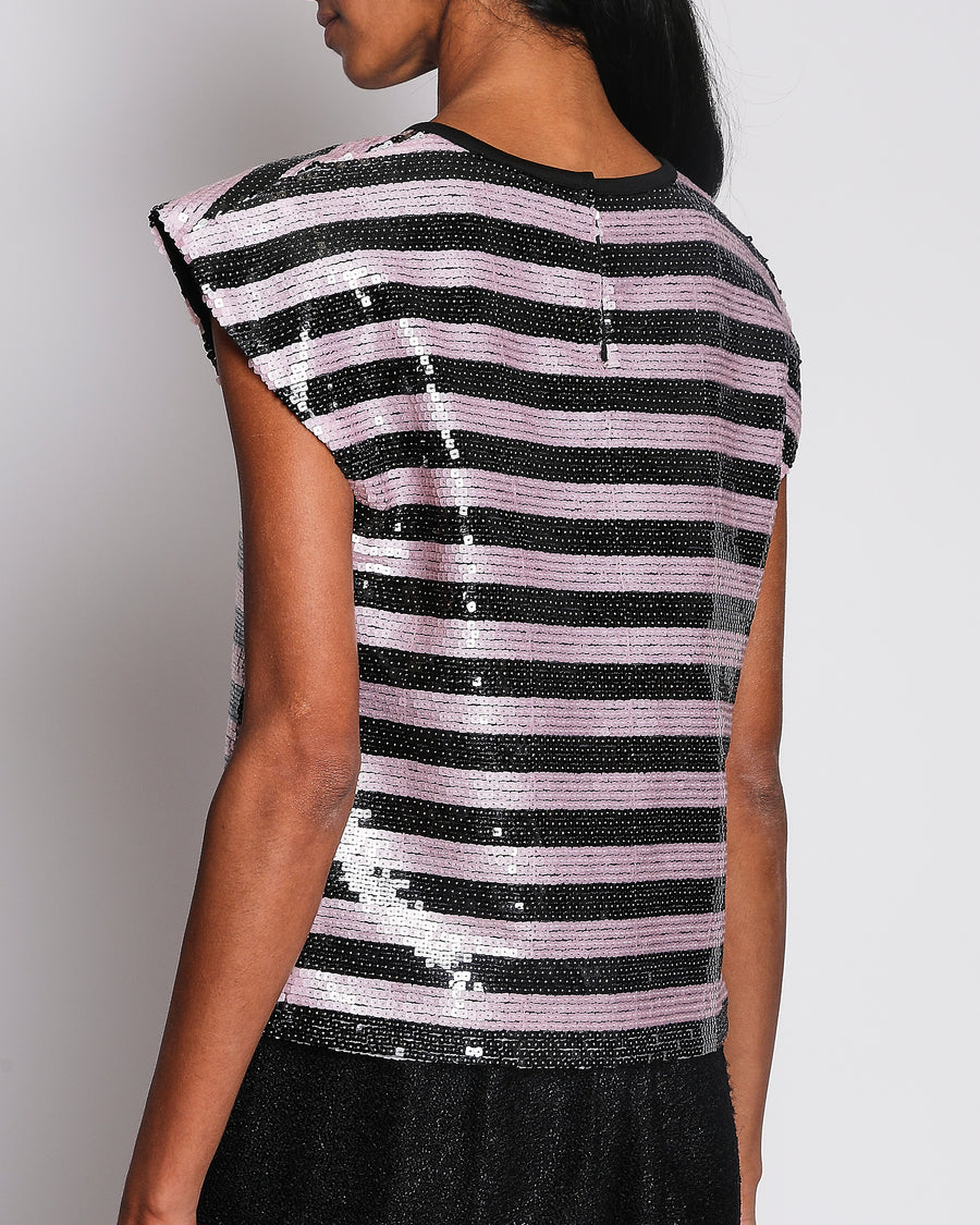 Chanel 22/C Pink and Black Striped Sequin Top with CC Logo Plaque Size FR 40 (UK 12)