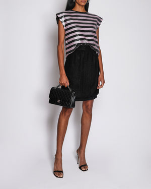 Chanel 22/C Pink and Black Striped Sequin Top with CC Logo Plaque Size FR 40 (UK 12)