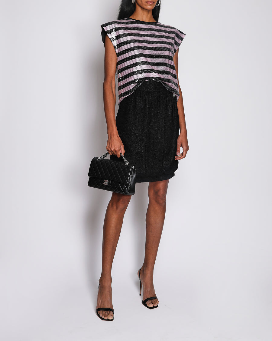 Chanel 22/C Pink and Black Striped Sequin Top with CC Logo Plaque Size FR 40 (UK 12)