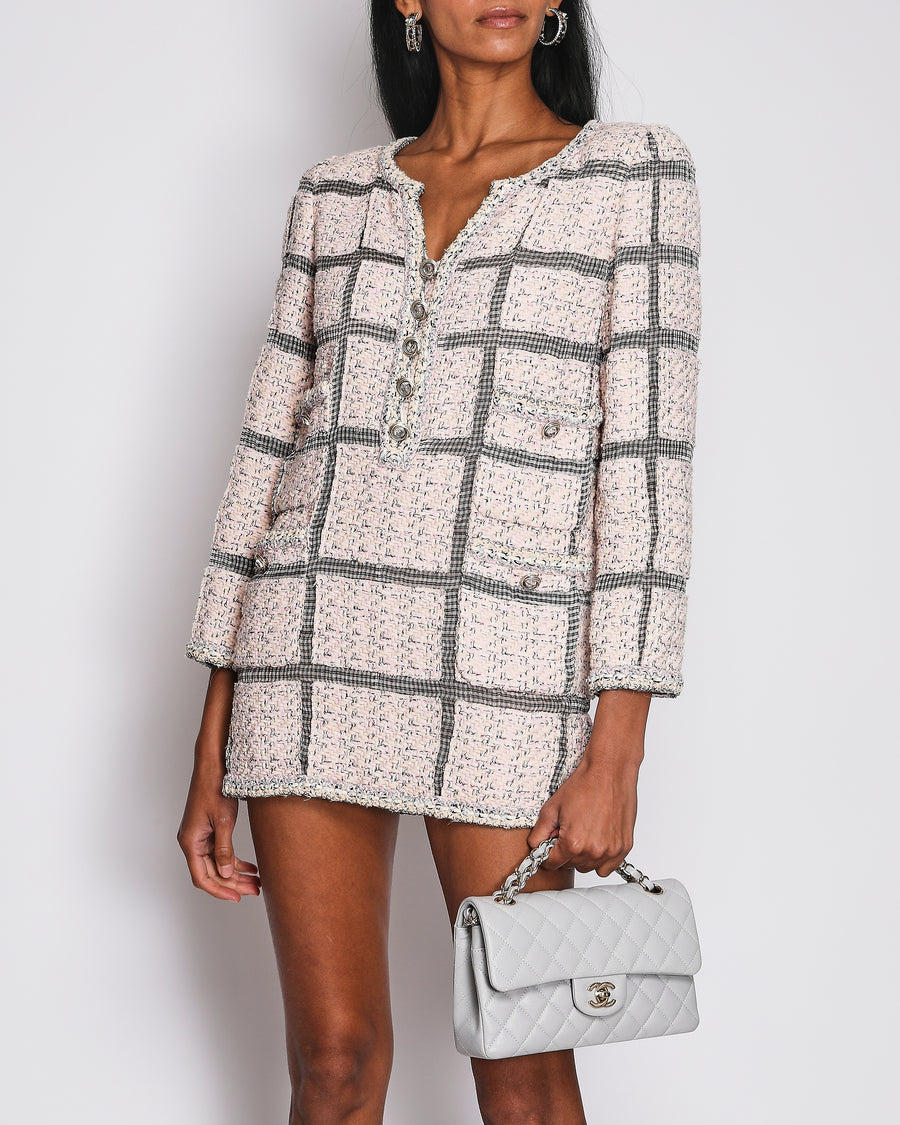 Chanel Pink and Black Checked Tweed Dress with Mesh Checked Inserts and Glass Button Details Size FR 36 (UK 8)