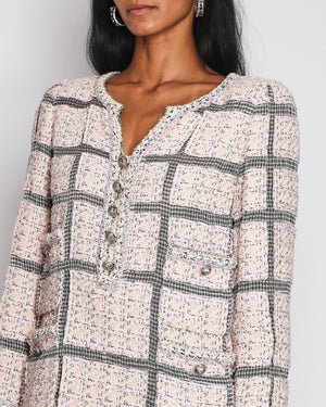 Chanel Pink and Black Checked Tweed Dress with Mesh Checked Inserts and Glass Button Details Size FR 36 (UK 8)