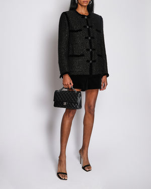 Chanel Black Tweed Jacket with Velvet Trim and Frogging Closure Size FR 38 (UK 10)