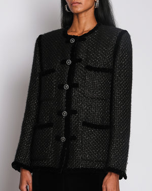 Chanel Black Tweed Jacket with Velvet Trim and Frogging Closure Size FR 38 (UK 10)