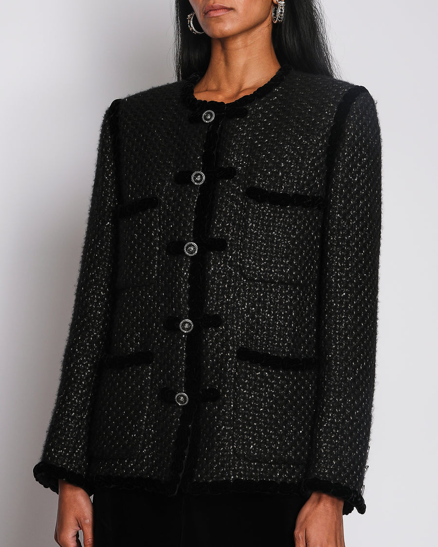 Chanel Black Tweed Jacket with Velvet Trim and Frogging Closure Size FR 38 (UK 10)