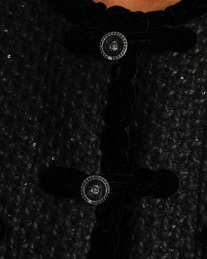 Chanel Black Tweed Jacket with Velvet Trim and Frogging Closure Size FR 38 (UK 10)