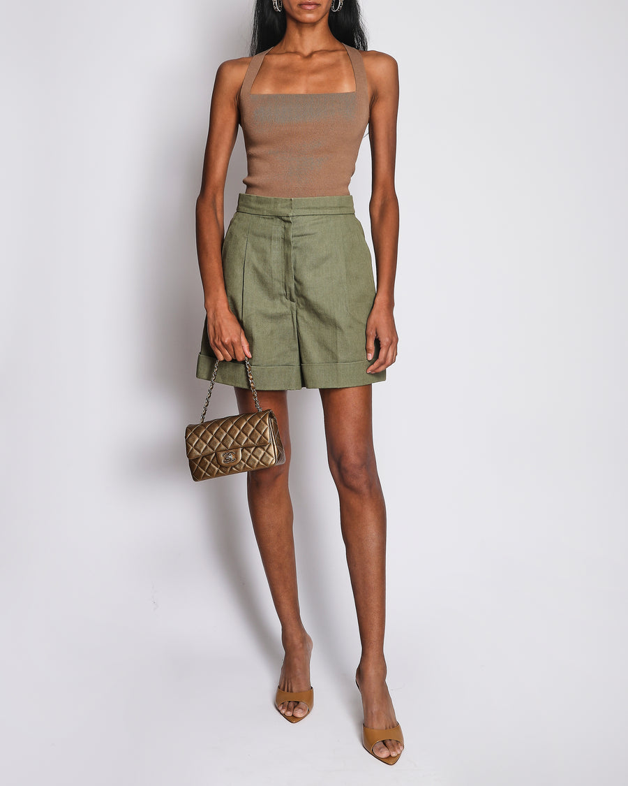 Chanel Khaki High-Waist Pleated Shorts with Logo Button Detail Size FR 38 (UK 10)