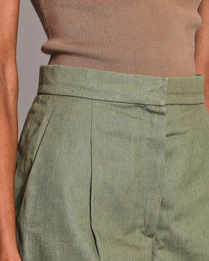 Chanel Khaki High-Waist Pleated Shorts with Logo Button Detail Size FR 38 (UK 10)