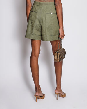 Chanel Khaki High-Waist Pleated Shorts with Logo Button Detail Size FR 38 (UK 10)