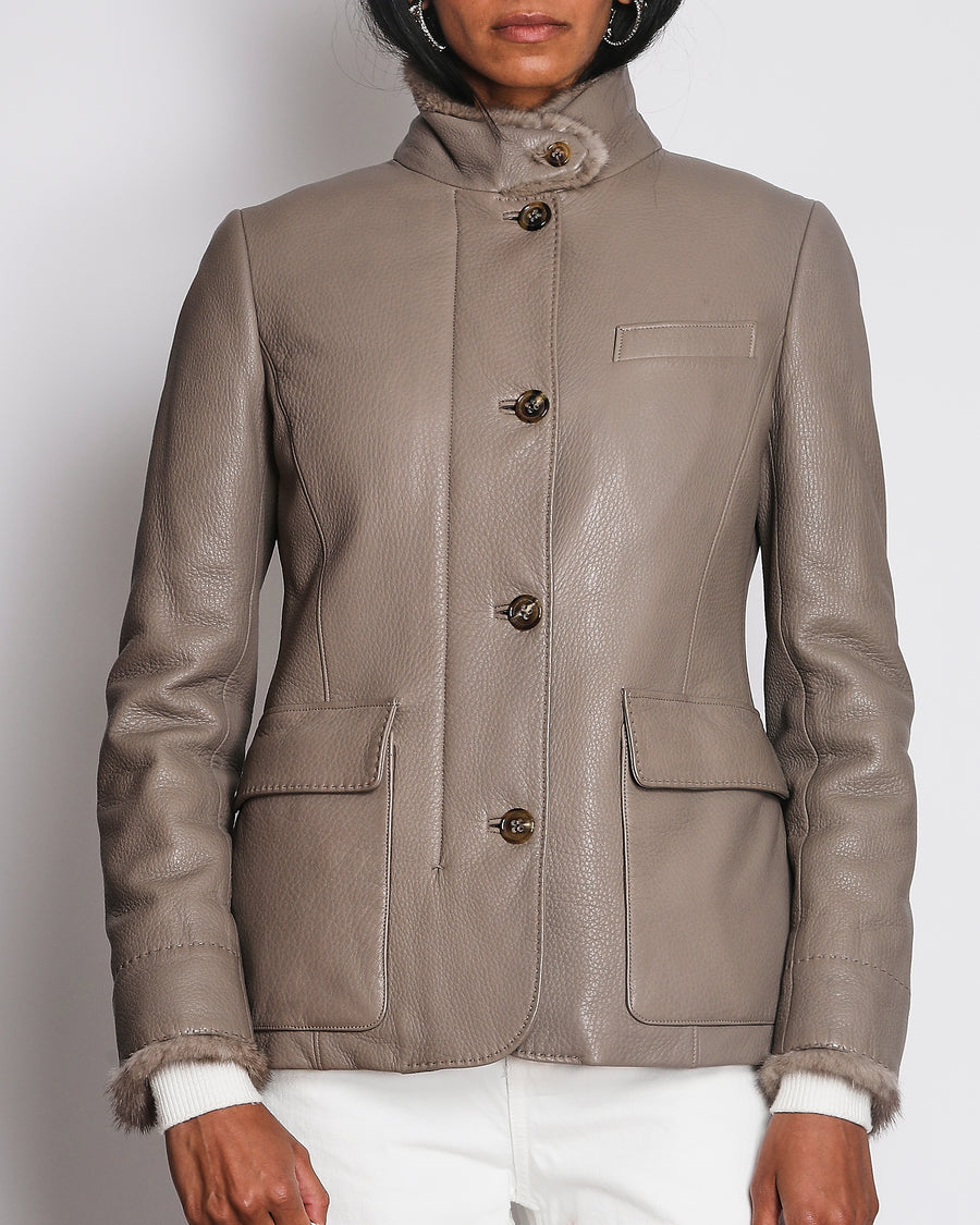 Loro Piana Beige Leather Coat with Mink Lining Size IT 42 (UK 10)