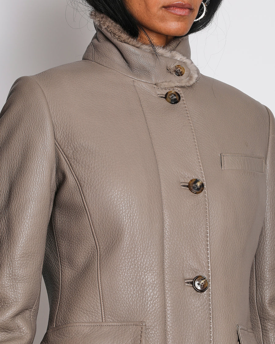 Loro Piana Beige Leather Coat with Mink Lining Size IT 42 (UK 10)