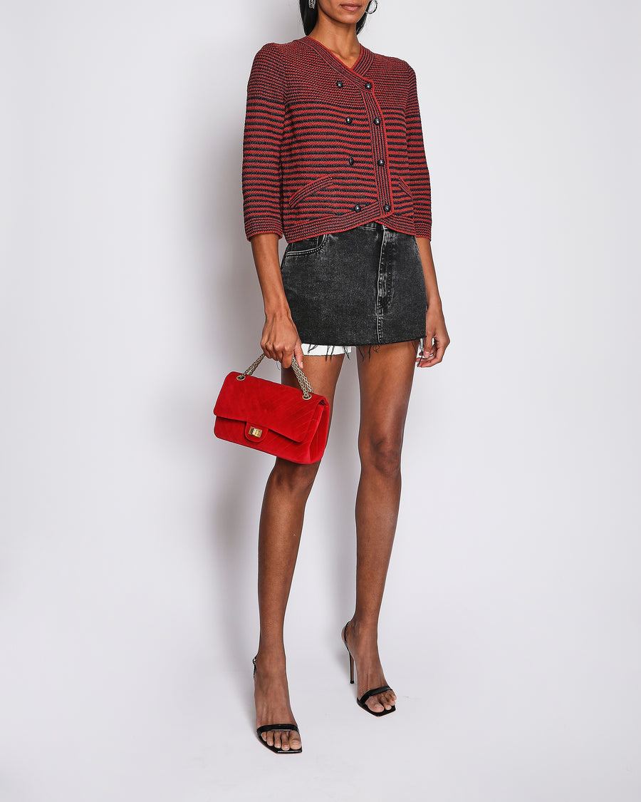 Chanel Red Double Breasted Knitted Collarless Cardigan Size FR 40 (UK 12)
