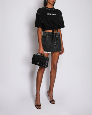 Miu Miu Black Short-Sleeved Cropped T-Shirt with Studded Trim, Logo and Front Knot Detail Size S (UK 8)