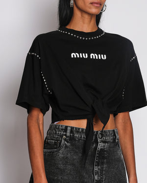 Miu Miu Black Short-Sleeved Cropped T-Shirt with Studded Trim, Logo and Front Knot Detail Size S (UK 8)