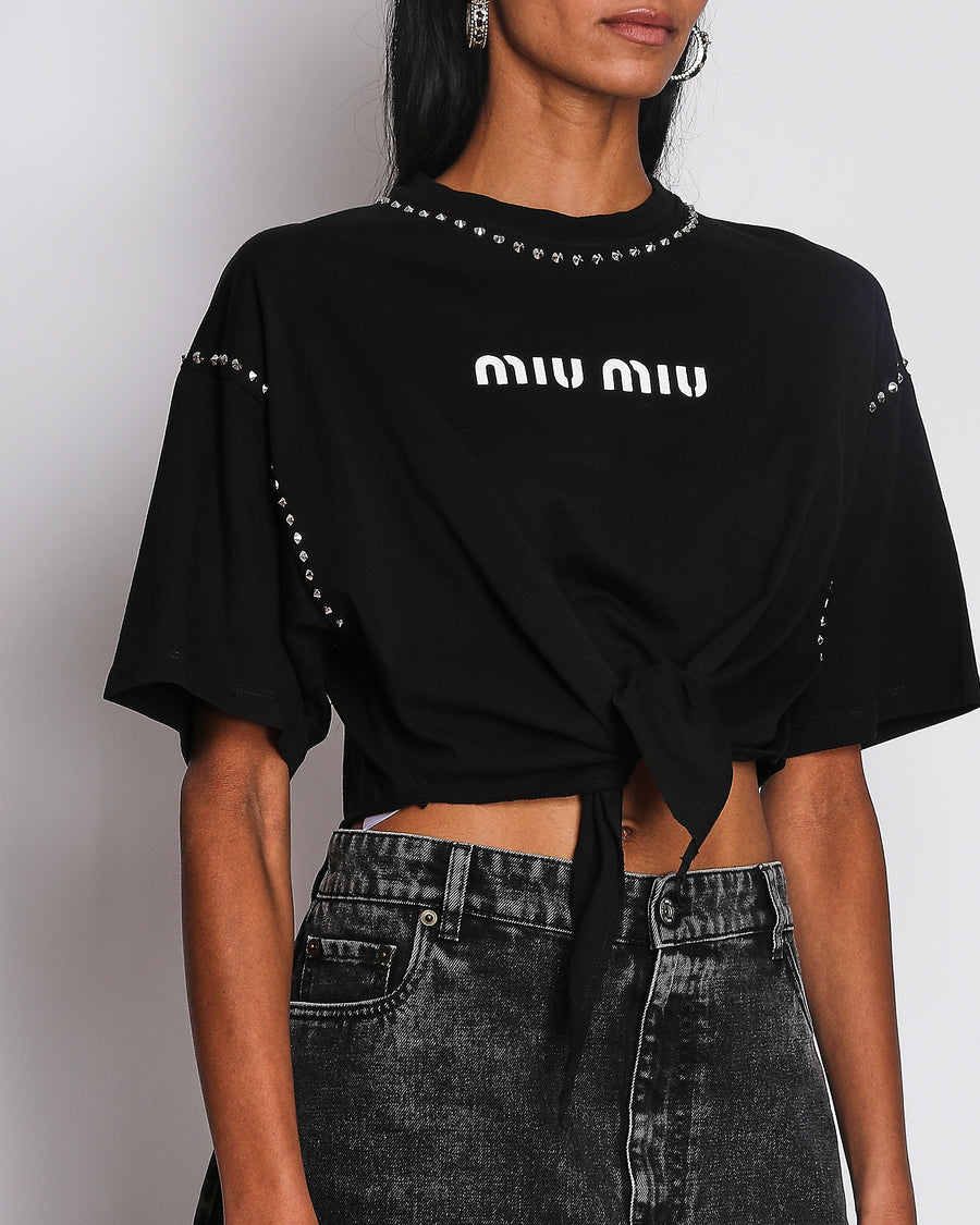 Miu Miu Black Short-Sleeved Cropped T-Shirt with Studded Trim, Logo and Front Knot Detail Size S (UK 8)