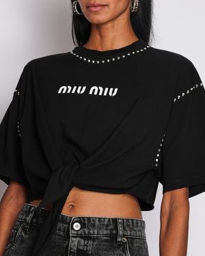 Miu Miu Black Short-Sleeved Cropped T-Shirt with Studded Trim, Logo and Front Knot Detail Size S (UK 8)