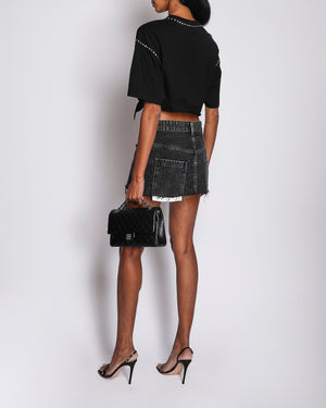 Miu Miu Black Short-Sleeved Cropped T-Shirt with Studded Trim, Logo and Front Knot Detail Size S (UK 8)