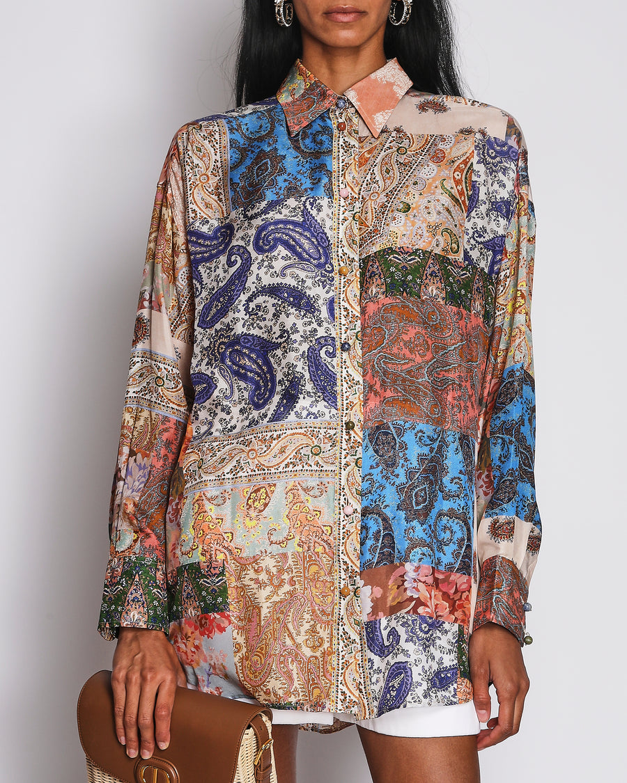 Zimmermann Floral Print Multicolour Long Sleeve Blouse with Bubble Sleeves and Pearl Button Details Size 2 (UK 12)