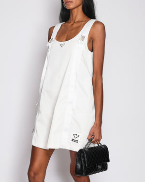 Prada White Re-Nylon Sleeveless Mini Dress with Silver Buckles and Metal Logo Detail Size IT 40 (UK 8)