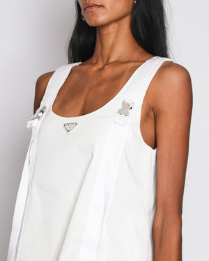 Prada White Re-Nylon Sleeveless Mini Dress with Silver Buckles and Metal Logo Detail Size IT 40 (UK 8)