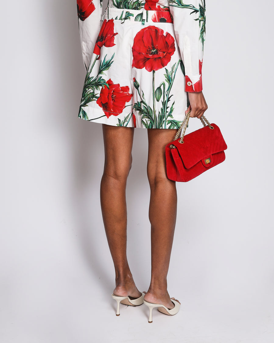 Dolce & Gabbana White and Red Poppy Print Cotton High-Waist Shorts Size IT 42 (UK 10)