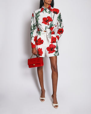 Dolce & Gabbana White and Red Poppy Print Cotton High-Waist Shorts Size IT 42 (UK 10)