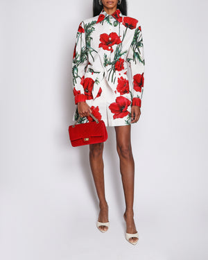 Dolce & Gabbana White and Red Poppy Print Cotton Cropped Shirt With Tie Detail Size IT 44 (UK 12)