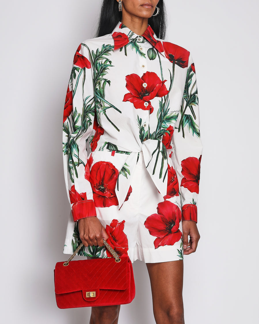 Dolce & Gabbana White and Red Poppy Print Cotton Cropped Shirt With Tie Detail Size IT 44 (UK 12)