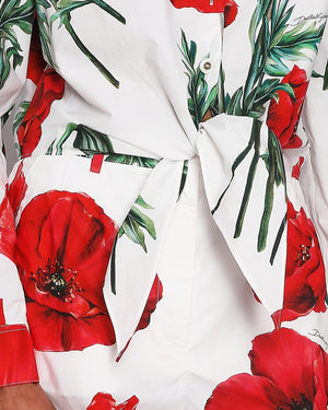 Dolce & Gabbana White and Red Poppy Print Cotton High-Waist Shorts Size IT 42 (UK 10)