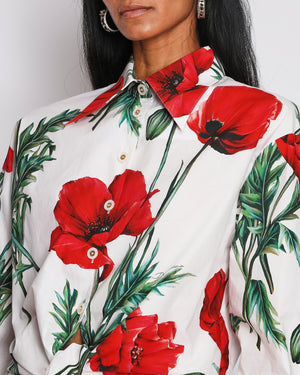 Dolce & Gabbana White and Red Poppy Print Cotton Cropped Shirt With Tie Detail Size IT 44 (UK 12)