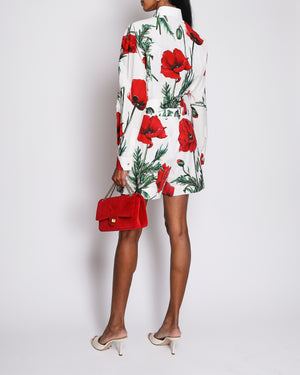 Dolce & Gabbana White and Red Poppy Print Cotton Cropped Shirt With Tie Detail Size IT 44 (UK 12)