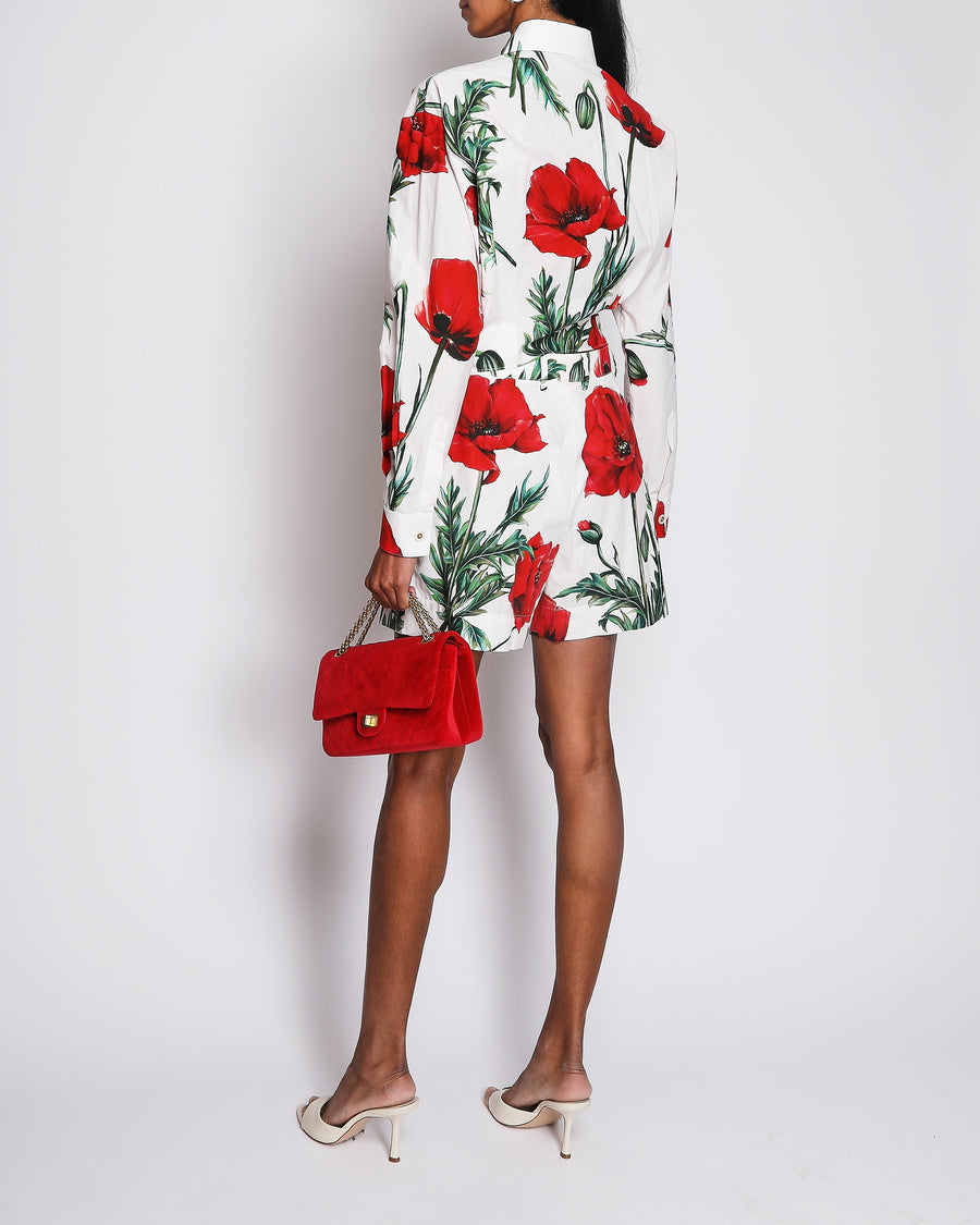 Dolce & Gabbana White and Red Poppy Print Cotton Cropped Shirt With Tie Detail Size IT 44 (UK 12)