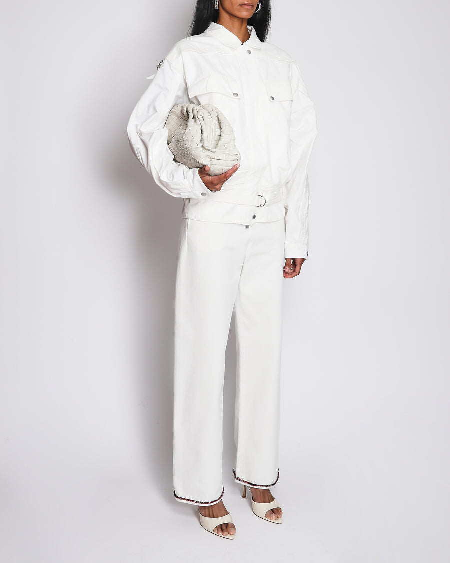 Magda Butrym White Cotton Oversized Jacket with Silver Zip, Pockets and Belt Details Size FR 36 (UK 8)