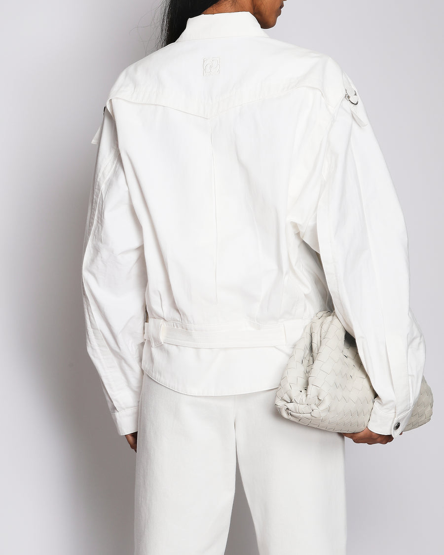 Magda Butrym White Cotton Oversized Jacket with Silver Zip, Pockets and Belt Details Size FR 36 (UK 8)