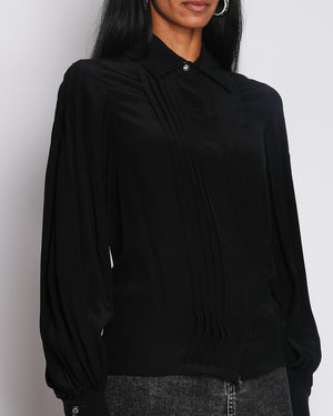 Chanel Black Pleated Silk Long Sleeve Blouse with Black Buttons Size FR 34(UK 6)