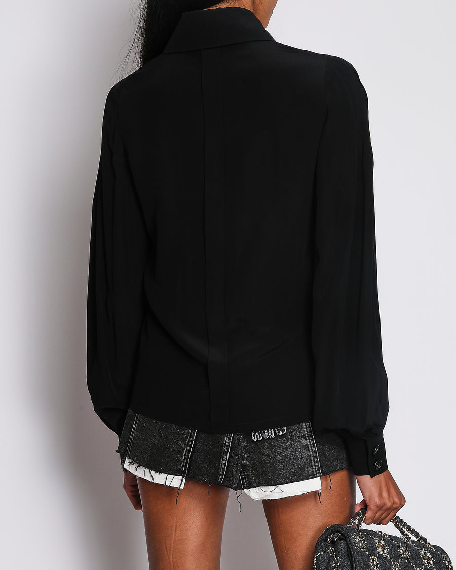 Chanel Black Pleated Silk Long Sleeve Blouse with Black Buttons Size FR 34(UK 6)