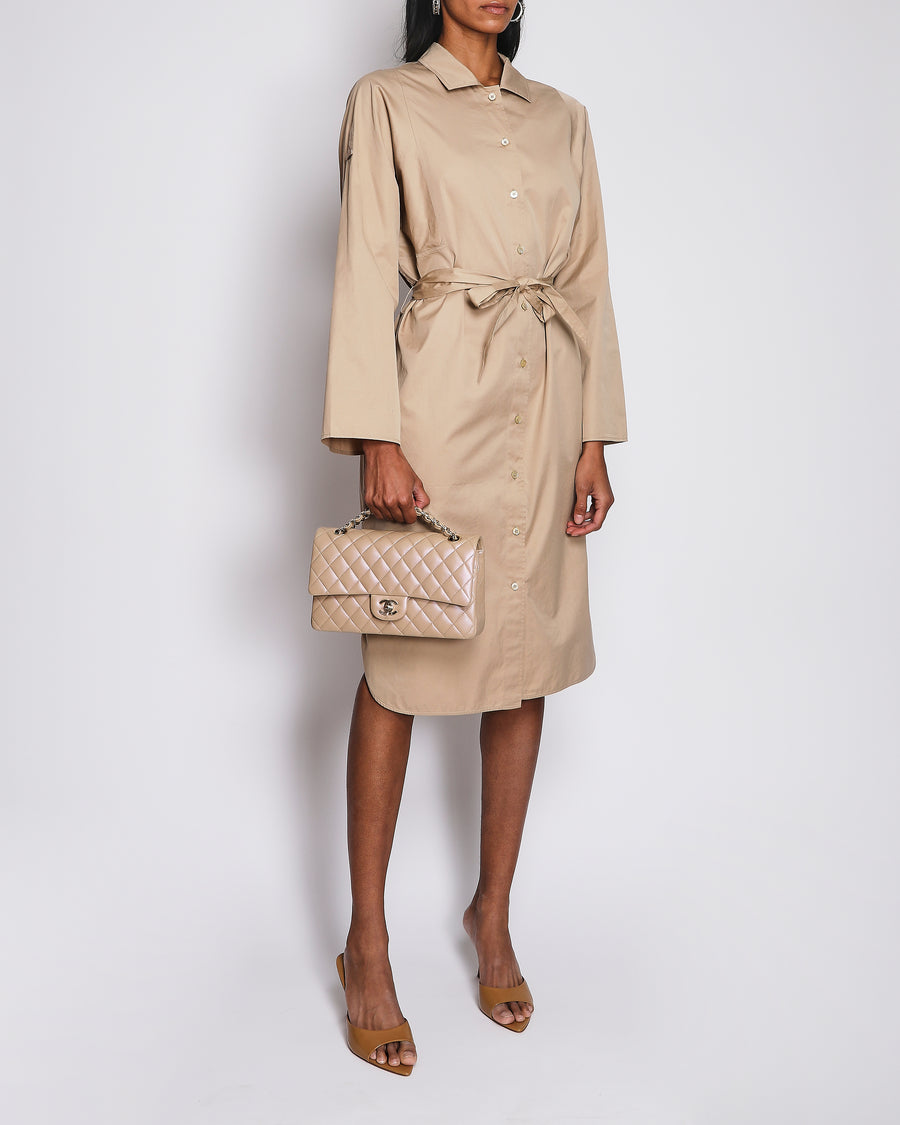 Hermès Beige Midi Cotton Shirt Dress with Tie Belt and White Logo Detail Size FR 42 (UK 14)