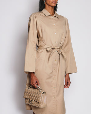 Hermès Beige Midi Cotton Shirt Dress with Tie Belt and White Logo Detail Size FR 42 (UK 14)
