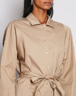 Hermès Beige Midi Cotton Shirt Dress with Tie Belt and White Logo Detail Size FR 42 (UK 14)