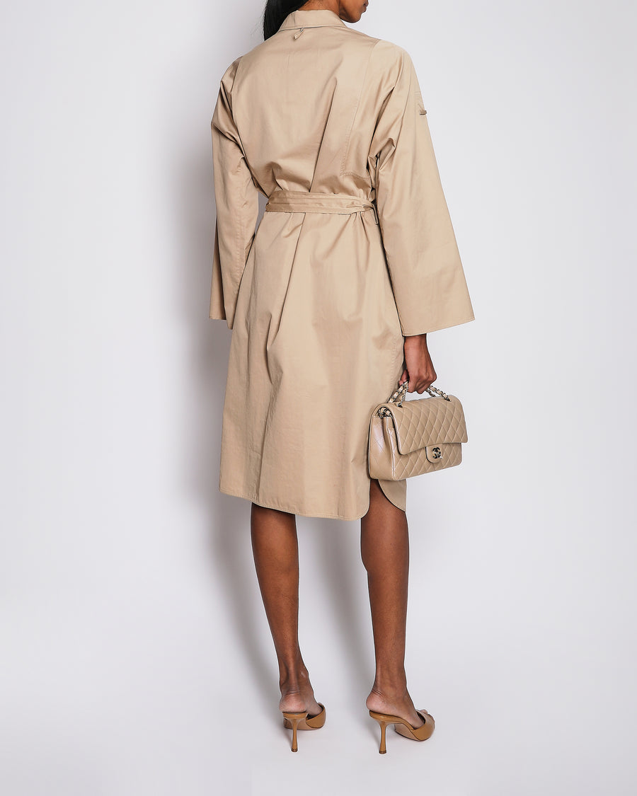 Hermès Beige Midi Cotton Shirt Dress with Tie Belt and White Logo Detail Size FR 42 (UK 14)