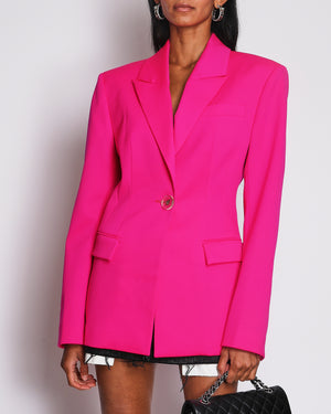 The Attico Fuchsia Pink Structured Wool Blazer Jacket with Padded Shoulders and Transparent Logo Button Size IT 42 (UK 10)