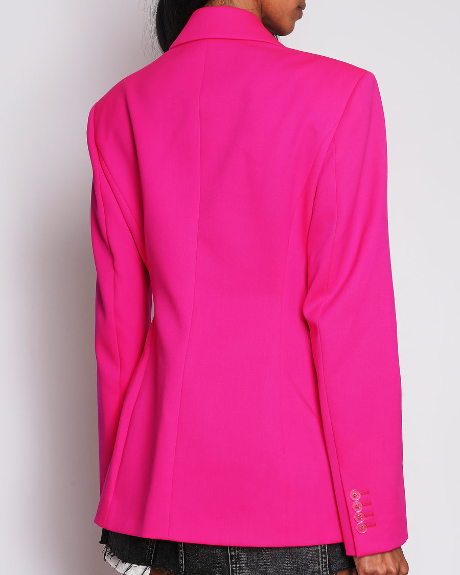 The Attico Fuchsia Pink Structured Wool Blazer Jacket with Padded Shoulders and Transparent Logo Button Size IT 42 (UK 10)