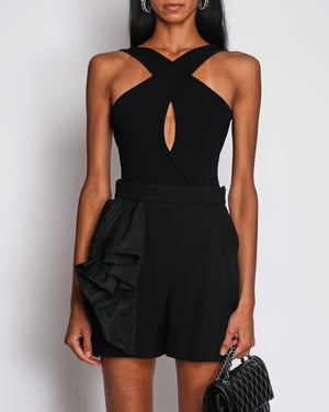 Celine Blackless Ribbed Bodysuit in Black with Front-Crossing Strap Size S (UK 8)