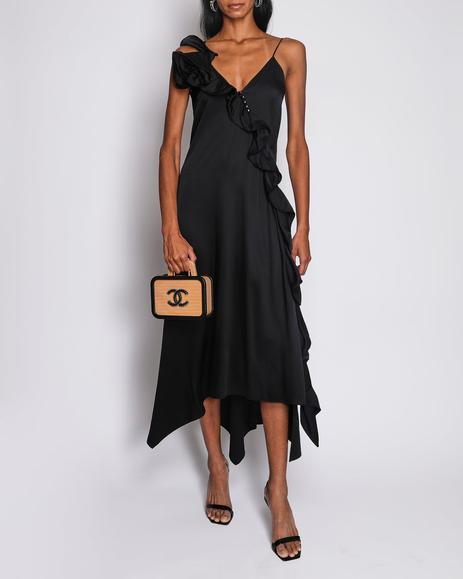 Magda Butrym Black Maxi Dress with Side Cut Out and Rose Applique Detail Size FR 36 (UK 8)