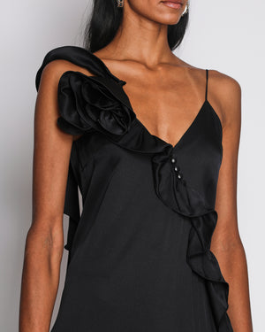 Magda Butrym Black Maxi Dress with Side Cut Out and Rose Applique Detail Size FR 36 (UK 8)