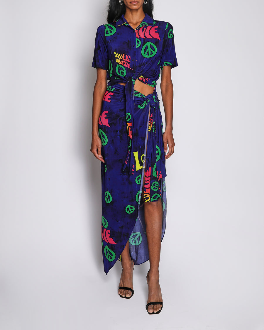Loewe x Paula's Ibiza Navy Matching Set Cropped Top and Maxi Skirt with Hippie Print and Front Tie Detail and Size S (UK 8)