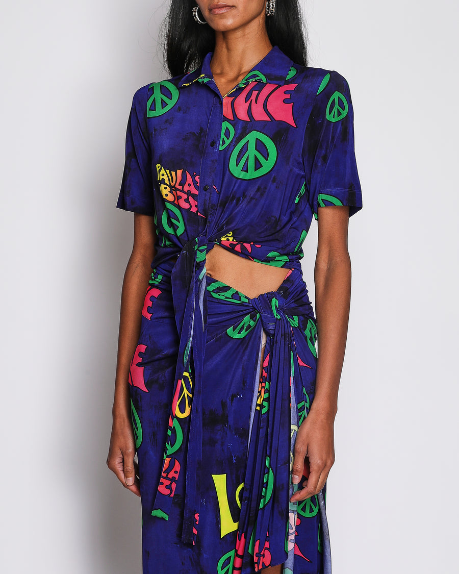 Loewe x Paula's Ibiza Navy Matching Set Cropped Top and Maxi Skirt with Hippie Print and Front Tie Detail and Size S (UK 8)