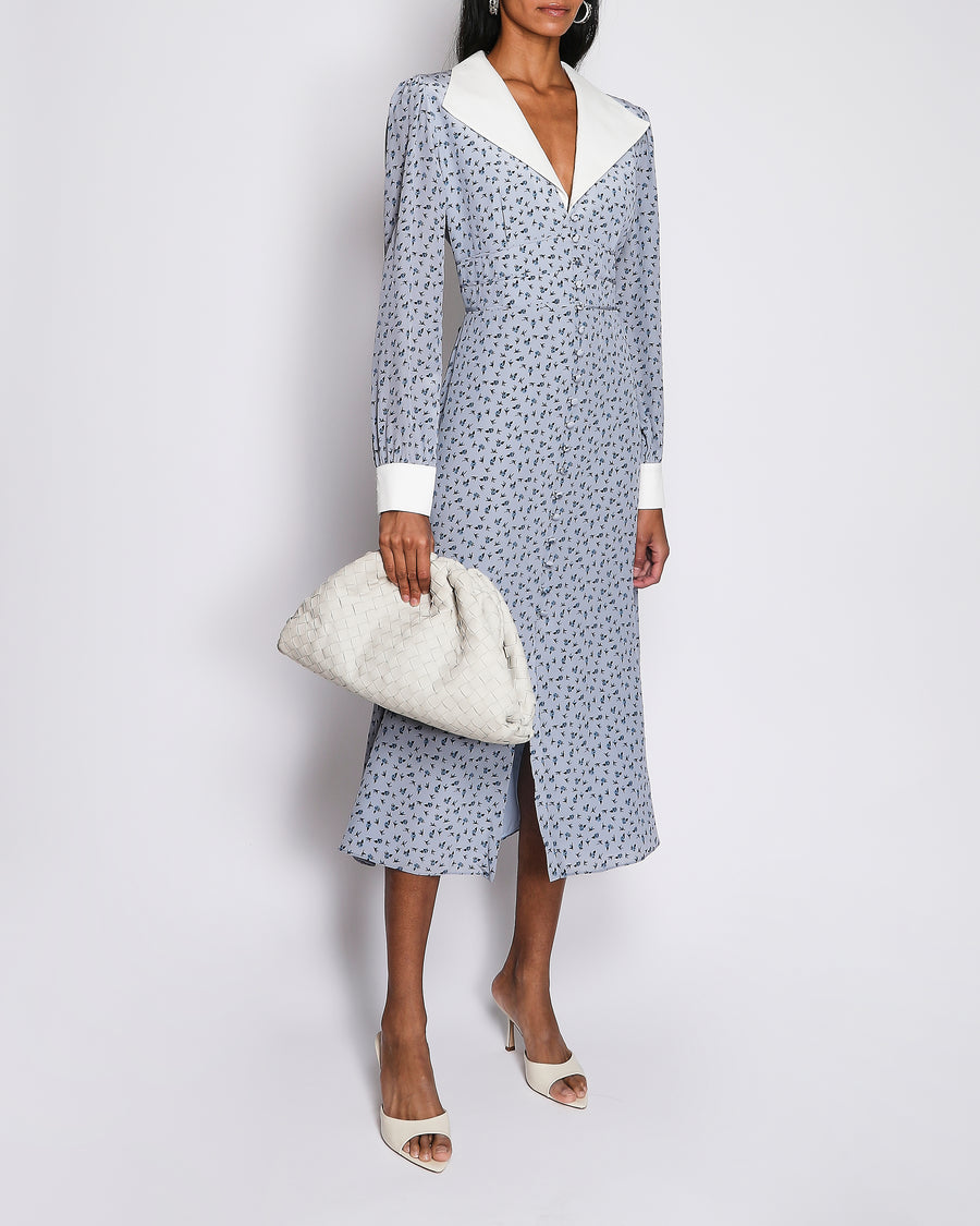 Alessandra Rich Blue Floral Print Long Sleeve Maxi Dress with White Collar Detail Size IT 44 (UK 12)